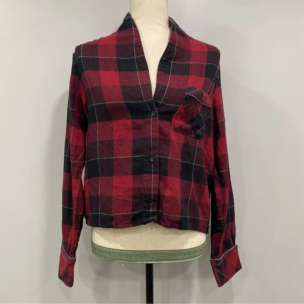 PRANA S Frosty Flake Organic Cotton Buffalo Plaid Flannel Pajama Top Winter Warm